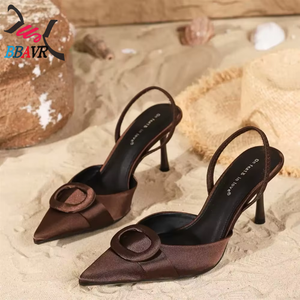 Sandalias de tacón alto marrones para mujer, con punta, de goma expuesta, sin cordones, a la moda, casuales, para banquetes, trabajo, delgadas, sexys, de verano - Product Image 3