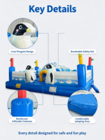 Castillo Inflable Penguin Ice World, Parque Infantil con Temática Deportiva, Piscina de Pelotas, Túnel Iglú, Modelo de Pingüino 3D, PVC Comercial