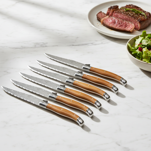Nueva Colección <span class=keywords><strong>de</strong></span> Cuchillos para Carne <span class=keywords><strong>de</strong></span> Acero Inoxidable con Hoja con Patrón Damasco Láser, Cuchillo Laguiole con Mango <span class=keywords><strong>de</strong></span> Madera Brillante Personalizado - Product Image 4