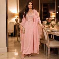 Abaya en Chiffon Deux Pièces avec Perles et Strass Faits Main, Ceinturée, pour l'Aïd, les Mariages et les Banquets du Soir