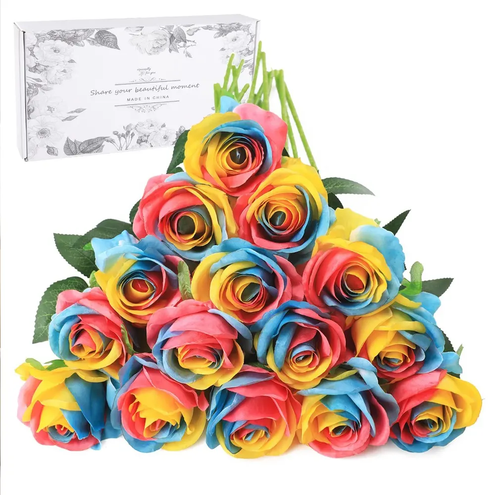 Artificial Rainbow Rose Flowers Decoration Flower for Valentine's Day Wedding Bride Party Home Decoration