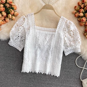 Top court à manches bouffantes en dentelle ajourée, style niche M <span class=keywords><strong>L</strong></span> Design Sense, <span class=keywords><strong>haut</strong></span> féminin taille haute et girly - Product Image 3