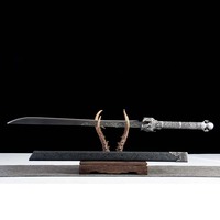 Épée Courbée Faite à la Main 1065CS Style Qing, Fourreau à Grain Foncé, Accessoires en Alliage d'Argent Vintage et Garde-Dragon