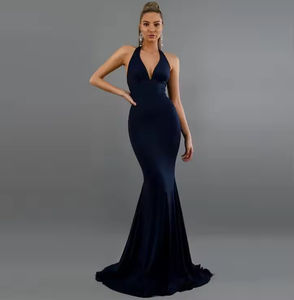 最新设计纯色v领无袖褶边长晚礼服，适合女性透气帝国礼服派对 - Product Image 3