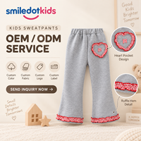 Smiledotkids Pantalon évasé personnalisé pour enfants, gris, avec patch cœur, ourlet à volants, en tissu éponge doux, OEM ODM, pour petites filles, vente en gros