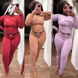 Set Wanita Musim Dingin dengan Logo Kustom, Warna-warna Katun Rajut Rib, Lengan Panjang, Legging, Pakaian Santai Wanita, Set Dua Potong - Product Image 3