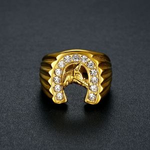Men's Gold Plated Horse Head Ring With <b>Crystal</b> Inlay Pave Setting <b>Animal</b> Shape Jewelry Gift - Product Image 3