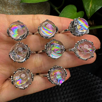 Bague ajustable en argent S925 avec sphère de quartz arc-en-ciel naturel de 12 à 13 mm, ornée de cristaux clairs et fumés, pour la vente en gros