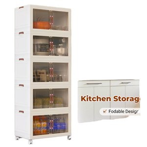 Modern Foldable Kitchen Storage Cabinet Multi Layer <b>Plastic</b> Organizer with Doors Food Storage Rack with <b>Wheels</b> - Product Image 1