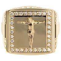Religiöser Statement-Ring für Herren, Goldton, Quadratische Oberseite mit Jesus-Prägung, Zirkon-Umrandung, Anpassbar, Großhandelsschmuck