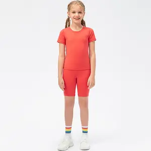 Спортивная одежда для маленьких девочек, однотонные шорты, футболки с рукавами для упражнений, шорты для йоги с высокой талией, комплект из 2 предметов, детская спортивная одежда