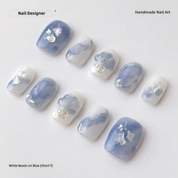 LemiVibe Umi No Kaze – Faux ongles en gel coréens mignons, bleu clair, 100 % faits main, application facile, pré-conçus, en plastique, autocollants pour ongles