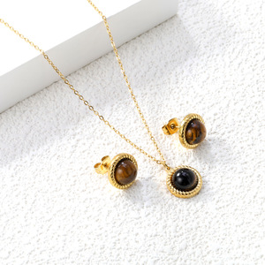 Conjunto de Collar y Pendientes de Piedra Ojo de Tigre, Cadena Trenzada Redonda, Engaste de Aleación de Zinc, Joyería de Moda - Product Image 3