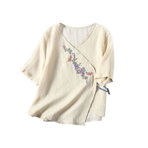Women's Cotton Linen Blouse Blue Embroidered Floral Wrap Top Short Sleeve Everyday Wear - Product Image 4