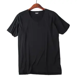 Camiseta de algodón de manga corta para hombre, camiseta de media manga con cuello de pico, ropa de seda de hielo negra