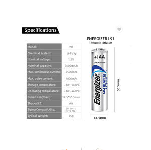 Energizer Original nouvelle batterie L91 AA 1.5V 2500mA/4000mA 3600mAh LiFeS2 batterie au lithium primaire cylindrique - Product Image 2