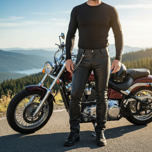 Men's Superb Quality Cowhide <b>Leather</b> Pants Casual Style Button Fly Embroidered Bike Riding Midweight Breathable/Waterproof - Product Image 2