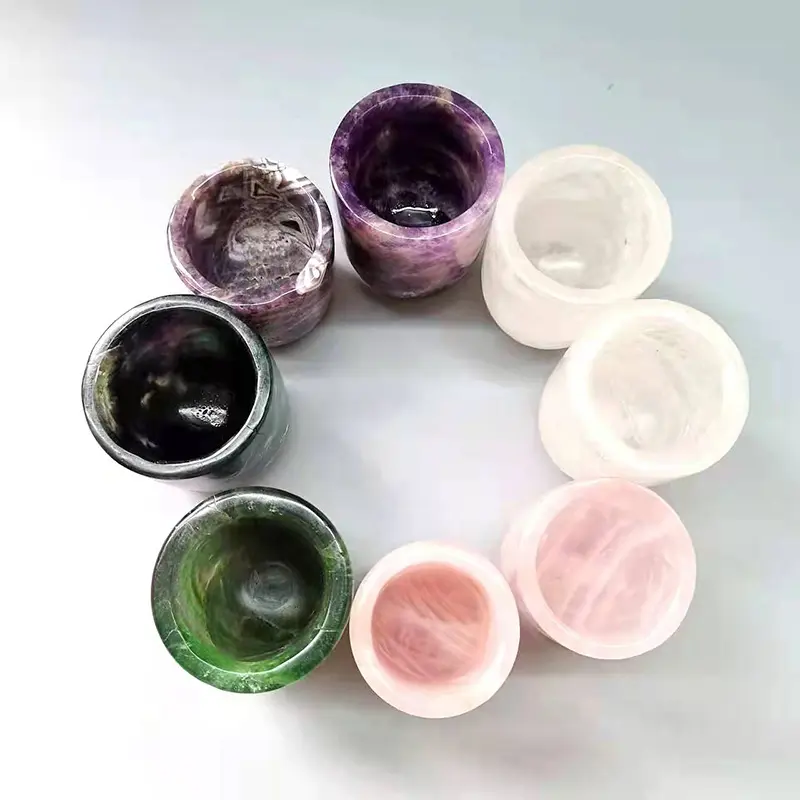 자연 차 컵 치유 크리스탈 돌 로즈 쿼츠 클리어 석영 차 컵 조각 홈 사용