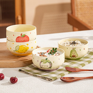 Bol en céramique sous-glaçurée de 4,5 pouces, série Fruits Mignons, design esthétique, avec cuillère assortie pour le <span class=keywords><strong>petit</strong></span>-<span class=keywords><strong>déjeuner</strong></span> et les collations - Product Image 1