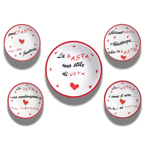 Ensemble d'assiettes à pâtes avec inscription, profondeur 20 cm, 4 pièces + saladier avec inscription, 27 cm - Product Image 1