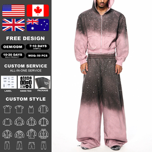 KingSen Custom Winter 100% Cotton Oversized Distressed Hoodie Sweatpants <b>Set</b> Men's Rhinestone Zip-Up Hoodie Pants Washed - Product Image 2