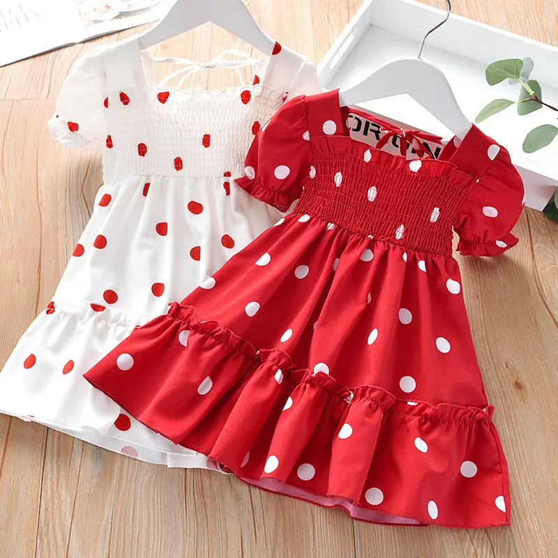 Bebek kızlar için elbiseler kısa kollu çocuk tatlı Polka Dot şifon yaz elbisesi çocuk giysileri için 2 7 yıl