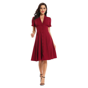 Robe de soirée élégante pour femmes robe sexy col en V à manches courtes simple boutonnage robe vintage trapèze robe décontractée de bureau pour femme robe solide - Product Image 2