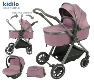 Poussette bébé Kidilo 3-en-<span class=keywords><strong>1</strong></span> en alliage d'aluminium H5+C avec système de dossier <span class=keywords><strong>inclinable</strong></span> multi-positions, landau et siège <span class=keywords><strong>auto</strong></span> pour nouveau-nés - Product Image 3