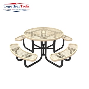 Table de pique-nique commerciale en acier pour parc extérieur avec banc, table de pique-nique ronde en métal pour terrasse extérieure, café, jardin - Product Image 1