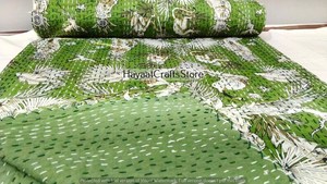 Handmade Green Printed Kantha <b>Quilt</b> Cotton <b>Bedspread</b> Queen Size Modern Home Decor - Product Image 5
