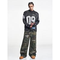 T-shirt unisexe respirant à manches longues en polyester, style rétro américain, col en V, imprimé hip-hop, pour le printemps et l'automne, idéal pour le sport et le cyclisme