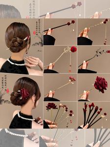 Épingles à cheveux vintage en forme de rose avec pompon, accessoires pour femmes, épingles à cheveux noires et rouges, bâtonnets à cheveux, bijoux pour coiffure - Product Image 2