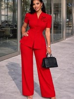 Ensemble tendance pour femmes, nouveau modèle à col en V, ensemble deux pièces cintré à la taille, pantalon à manches courtes, ensemble deux pièces uni