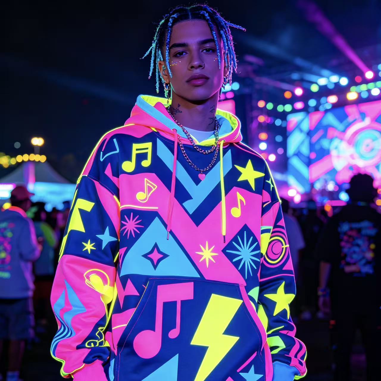 Neon 80s 90s Retro Hoodie, Colorful Geometric Music Note Lightning Print Oversized Sweatshirt for Rave Party