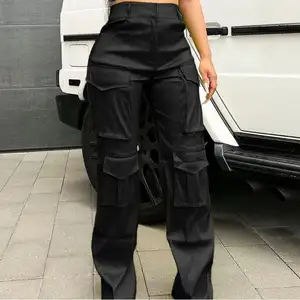 pants women wide leg pants with pocket Fashion casual satin stretch high waist casual cargo