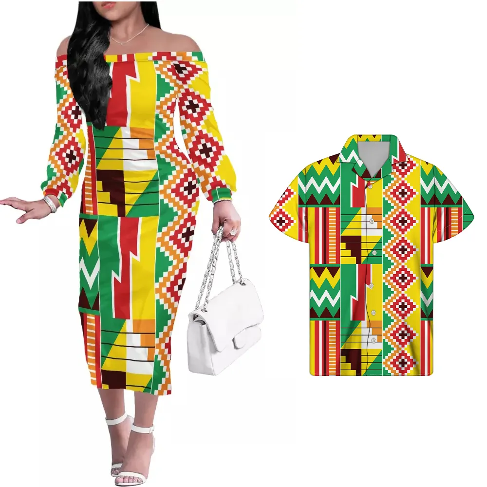 アフリカの部族のデザインの女性居心地の良いドレスカップル服女性のカスタムドレスケンテパターンプリントドレス一致男性Shiet