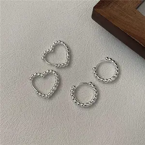 925 Sterling Silver Geometric Round Heart Beads Shape Hoop Earrings For Girls Women Christmas Gifts