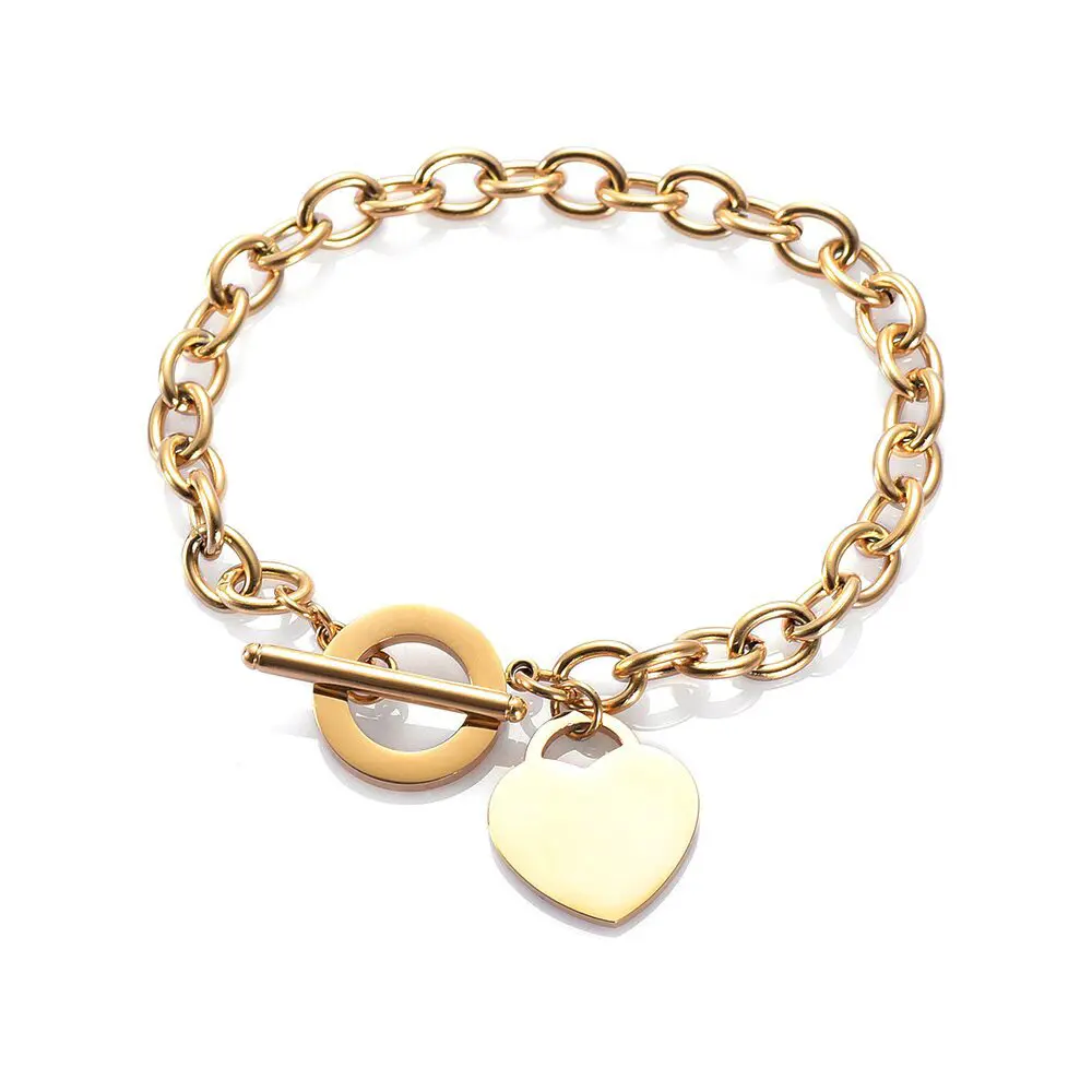 Elegant Thép Không Gỉ Liên Kết Chuỗi Trống Tim Charms Bracelet Cho Phụ Nữ 18.5CM Chiều Dài Chuyển Đổi Clasp Đóng Cửa