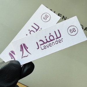 Logo del marchio personalizzato etichetta a taglio dritto per cucire su abbigliamento Beck Tag viola cotone in poliestere etichette intrecciate per indumenti