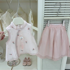Tongxingyuan Girls Summer Pink Chinese Style Top Pants Set Party Wear Thin Fabric - Product Image 2