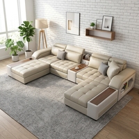 Ensemble de canapés modulaires en cuir beige avec porte-gobelets intelligents et appuie-têtes réglables pour salon