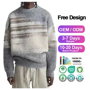 Custom OEM Men Mohair Sweater Fuzzy Jacquard Knit Pullover Knitwear Long Sleeve Knitted Crew Neck Winter Mohair Sweater For Men