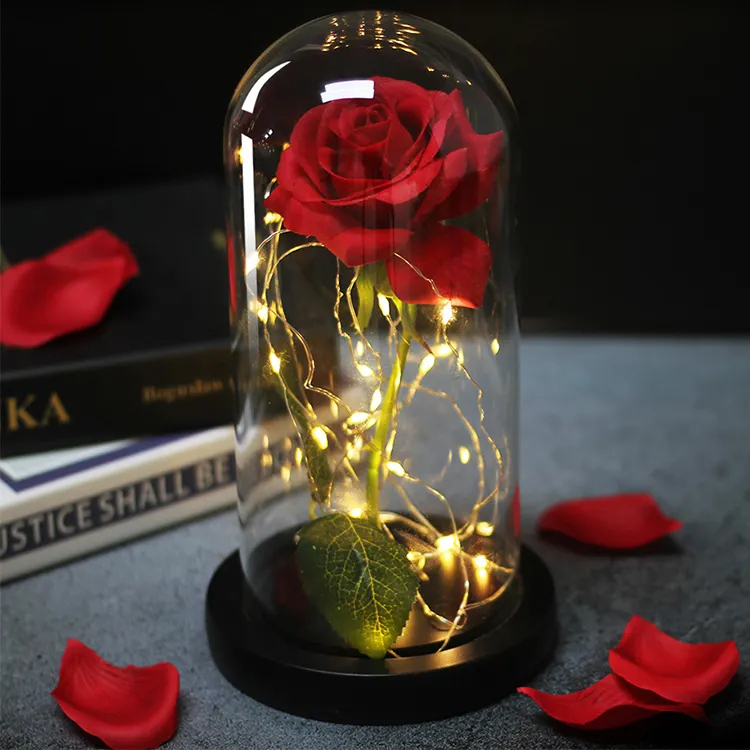 Rosa LED de la Bella y La Bestia, Galaxia encantada, rosa, flor eterna, luces en cúpula para Navidad, regalo de San Valentín para madre