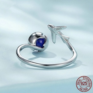 Anello Aperto in Argento Sterling 925 Originale con Lapislazzuli, Anello Romantico da Viaggio Globale con Aeroplano per Uomo e Donna - Product Image 3