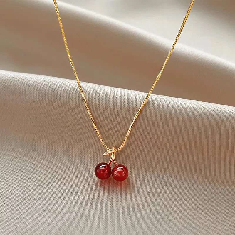 New Wine Red Cherry Gold Color Pendant Necklace For Women Personality Fashion Necklace Wedding Jewelry Birthday Gifts