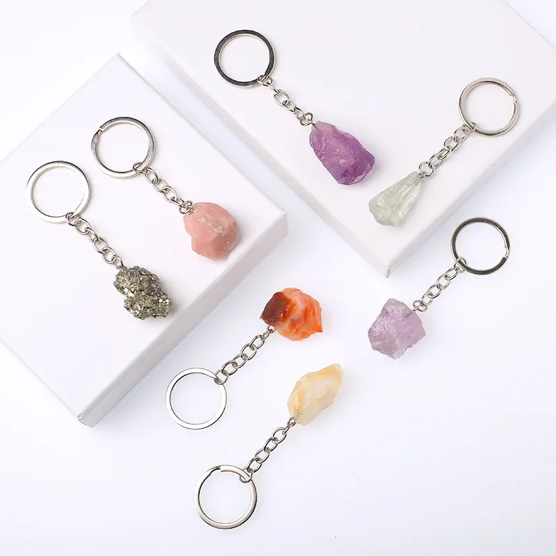 Natural Crystal Healing Stone Key Ring Creative Raw Stone Key Chain Amethyst Keyring for Gift Souvenir