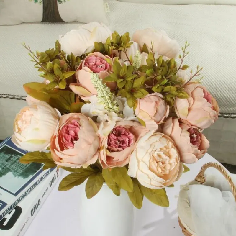 13 têtes de fleurs de pivoine en gros décoration colorée d'intérieur pour la décoration de la maison de mariage Bouquet de soie fleurs de pivoine artificielles