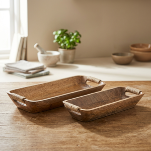 Wooden Rectangle Trays Set of 2 Rustic Handcrafted Decorative Serving Tray with Handles <b>for</b> Home Kitchen Use - Product Image 2