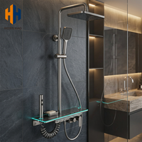 Ensemble de douche SPA mural moderne à LED thermostatique, double jet de pluie en céramique et aluminium, tube carré, finition chromée polie