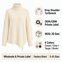 Pull-over en maille côtelée à col roulé oversize pour femme, épaules tombantes, manches longues, ourlet asymétrique, vente en gros, marque privée OEM ODM
